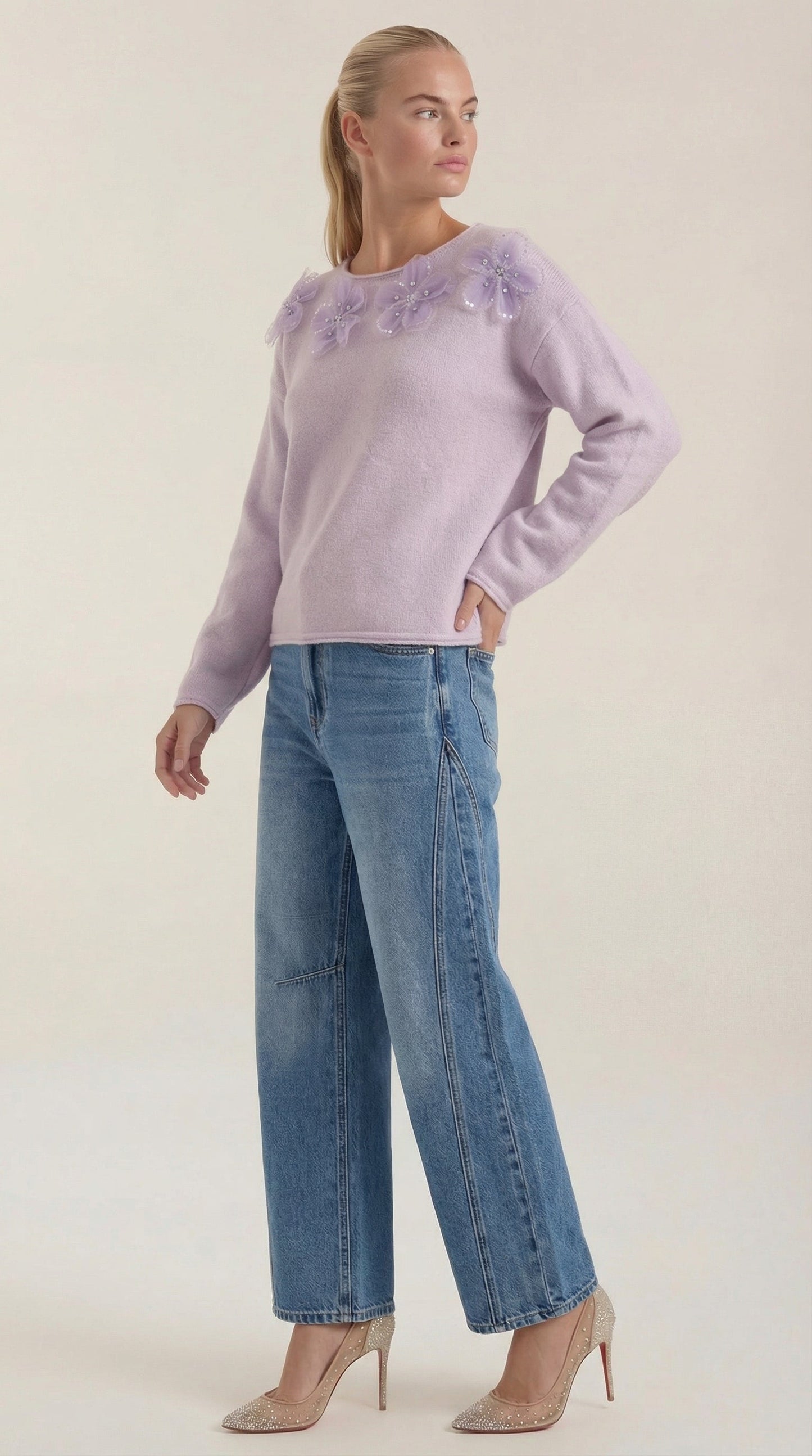 Ali Sweater with Floral Detail and Round Neckline