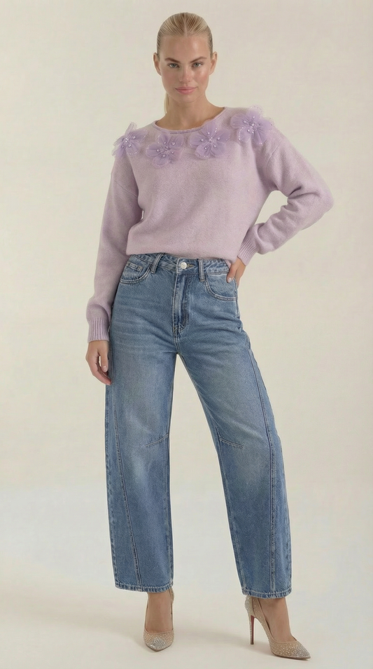 Ali Sweater with Floral Detail and Round Neckline