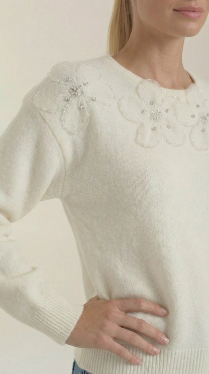 Ali Sweater with Floral Detail and Round Neckline
