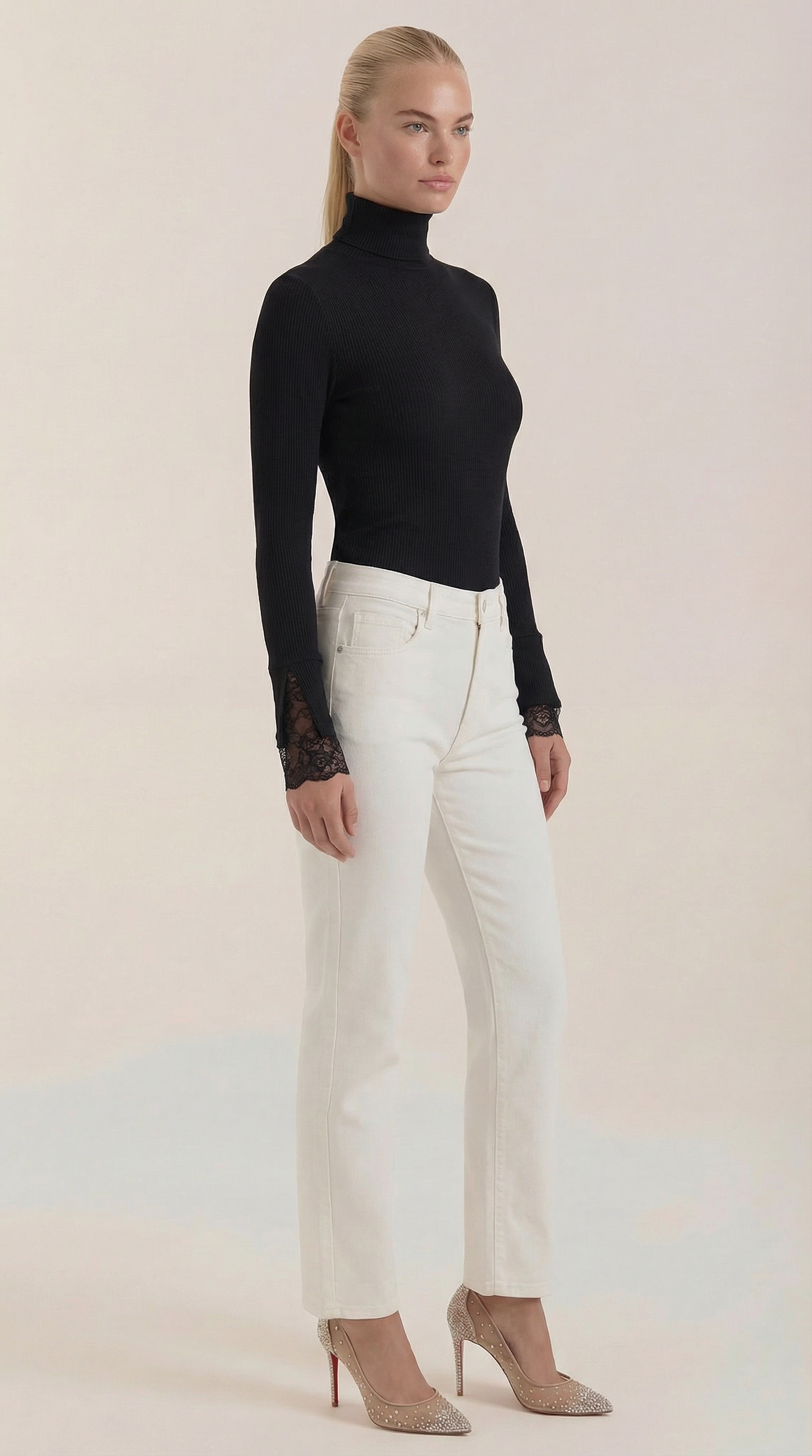 Wendy Turtleneck Sweater with Ribbed Lace